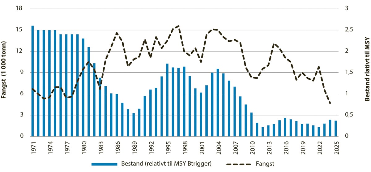 Figur 4.59 Utviklinga i bestand og fangst av reke i Skagerrak og Norskerenna.1