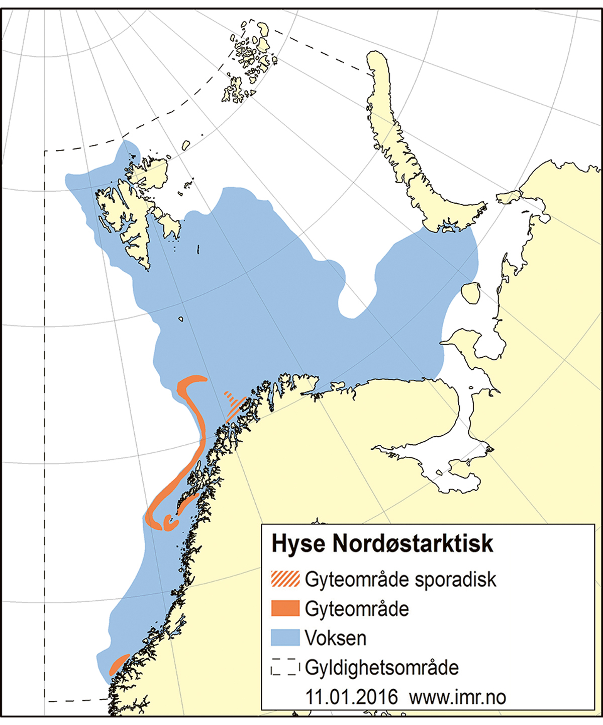 Figur 4.9 Utbreiingsområde og gyteområde for nordaustarktisk hyse.