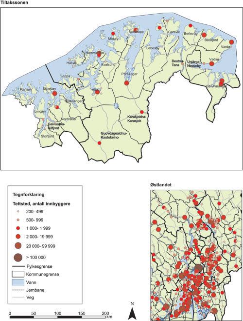 Figur 3.1 Kart som viser tettsteder etter antall innbyggere, 2002. Tiltakssonen
sammenlignet med det sentrale Østlandsområdet