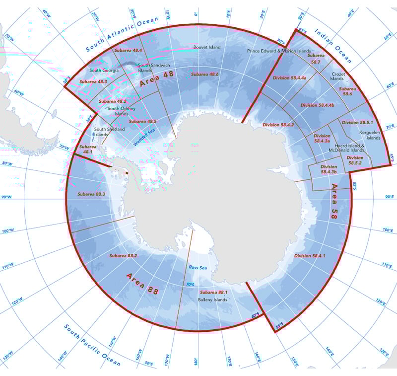 Figur 3.11 CCAMLR sitt konvensjonsområde og dei ulike underområda