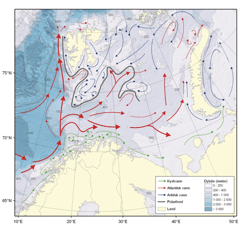 Figur 4.1 Barentshavet – straumar og djupn
