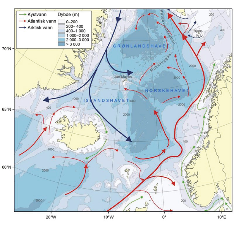 Figur 4.22 Norskehavet – straumar og djupn
