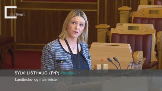 Landbruks- og matminister Sylvi Listhaug på Stortinget i dag.