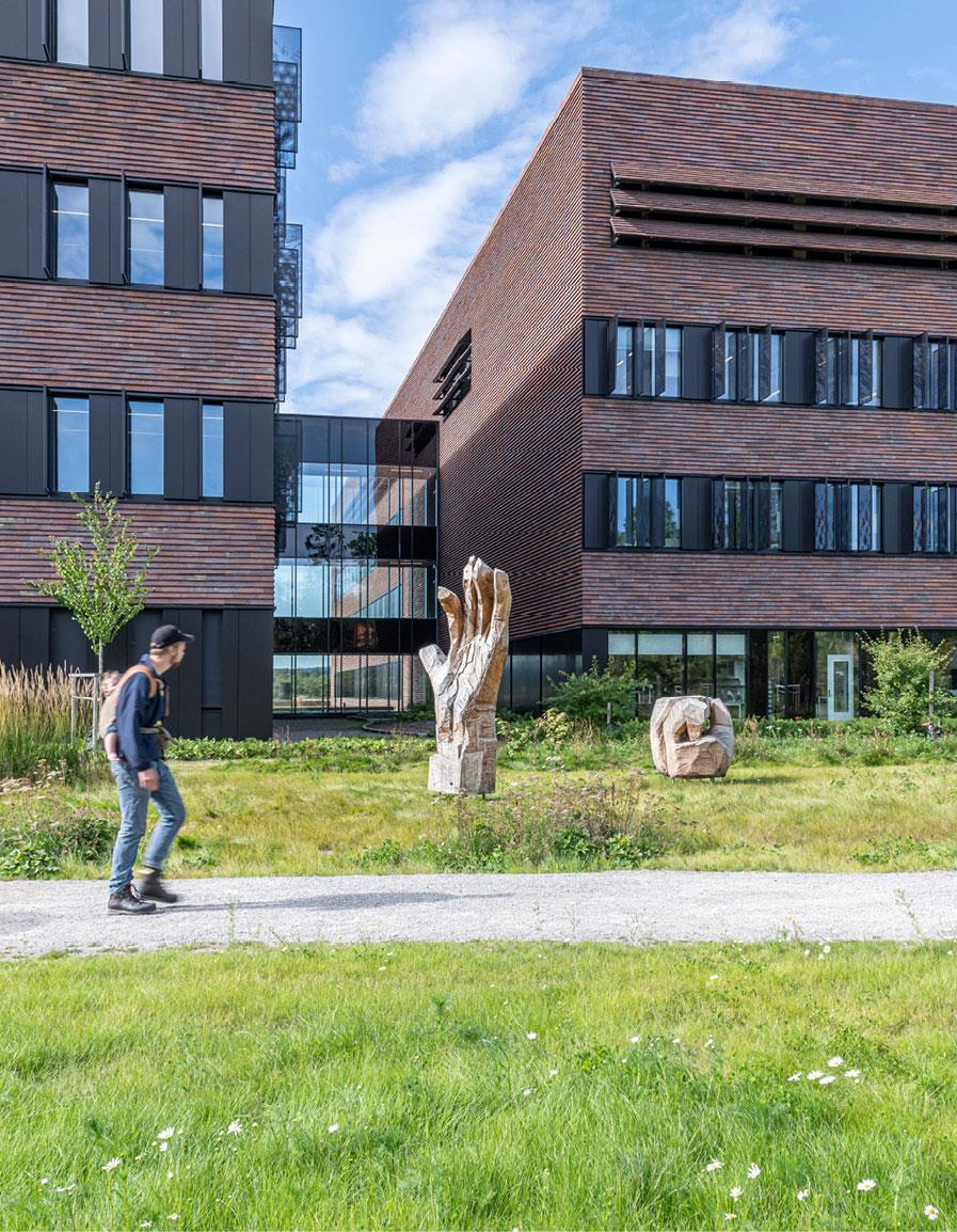 Bilde 39: Senter for husdyrforsøk og Veterinærinstituttet, NMBU Veterinærhøgskolen, Ås. Byggherre: Stats-bygg. Arkitekt/landskapsarkitekt: Fabel Arkitekter AS. Tittel kunstverk: Doxa. Kunstner: Gunvor Ner-vold Antonsen. Foto: Øystein Thorvaldsen