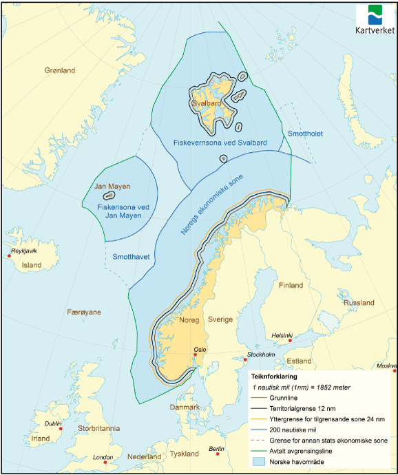 Figur 2.1 viser dei ulike sonene under norsk jurisdiksjon og dei internasjonale havområda Smottholet i Barentshavet og Smotthavet i Norskehavet. 