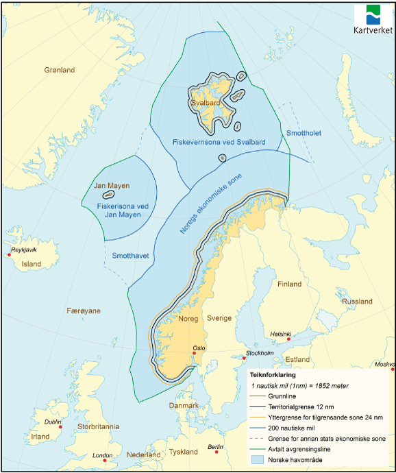 Figur 2.1 viser dei ulike sonene under norsk jurisdiksjon og dei internasjonale havområda Smottholet i Barentshavet og Smotthavet i Norskehavet. 