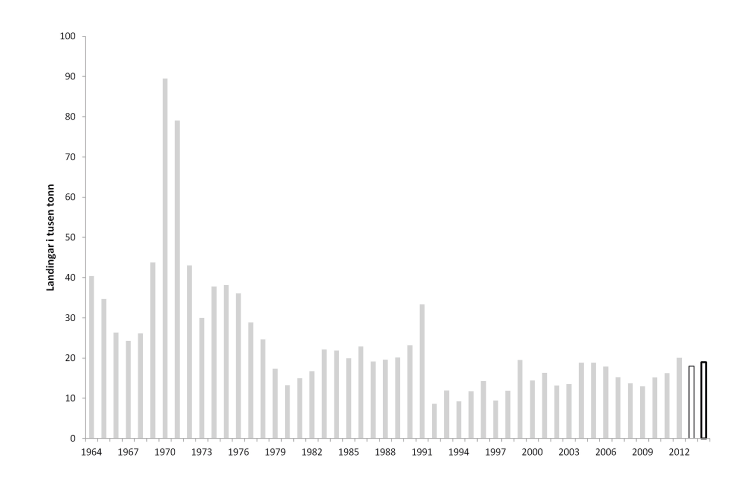 Figur 4.5 Utviklinga av den totale fangsten av blåkveite 1964–2014. Fangst i 2013 er prognose og fangst i 2014 er TAC.