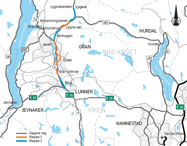 Figur 2.1 Rv. 4 Roa – Gran grense inkl. Jaren – Amundrud/Almenningsdelet – Lygnebakken i Innlandet – oversiktskart