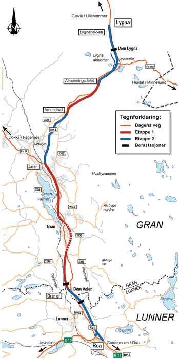 Figur 5.1 Rv. 4 Roa – Gran grense inkl. Jaren – Amundrud/Almenningsdelet – Lygnebakken – plassering av bomsnitt.
