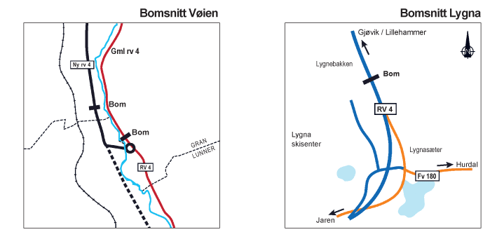 Figur 5.2 Detaljert kart over bomstasjonsplasseringen ved Vøien og Lygna skisenter.
