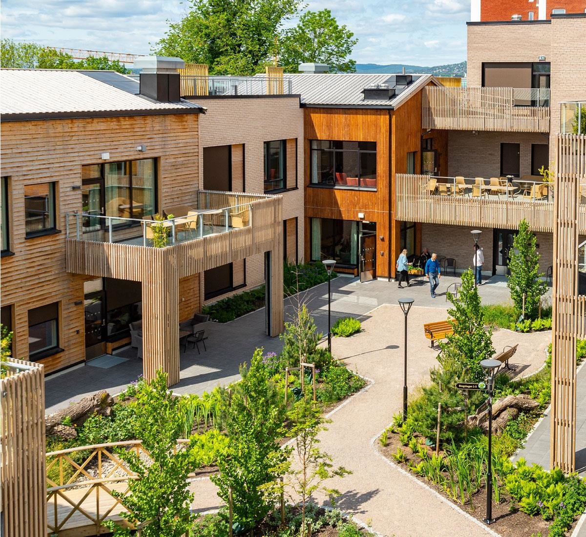 Photo of Dronning Ingrids hage, dementia village, Oslo. Client: Omsorgsbygg. Architect/Landscape architect: Arkitema K/S/White arkitekter AS. Photo: Nils Petter Dale