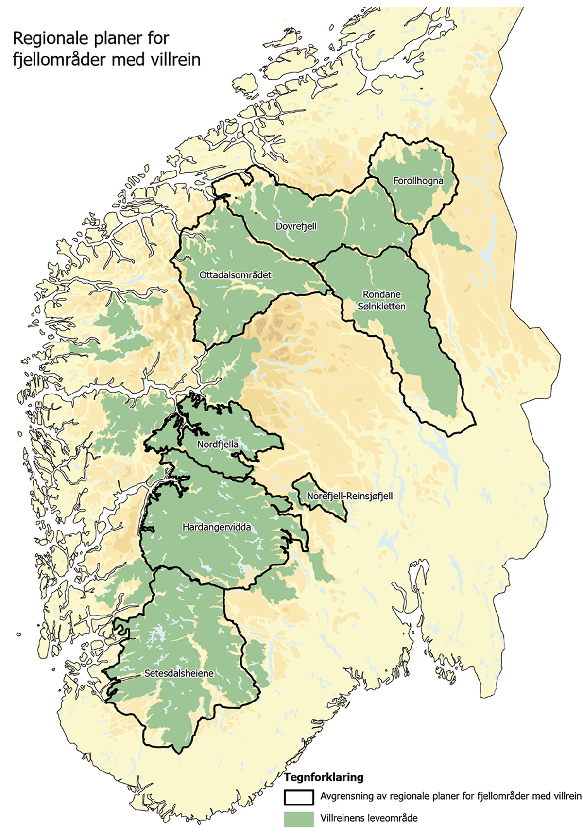 Figur 5.1 Kartet viser yttergrensene av dei regionale planane for bruk og vern av fjellområde med villrein. Dei regionale planane har arealsoner med ulike retningsliner for arealbruk innanfor sonene. Planane skal leggjast til grunn for sektoranes verksemd og f...