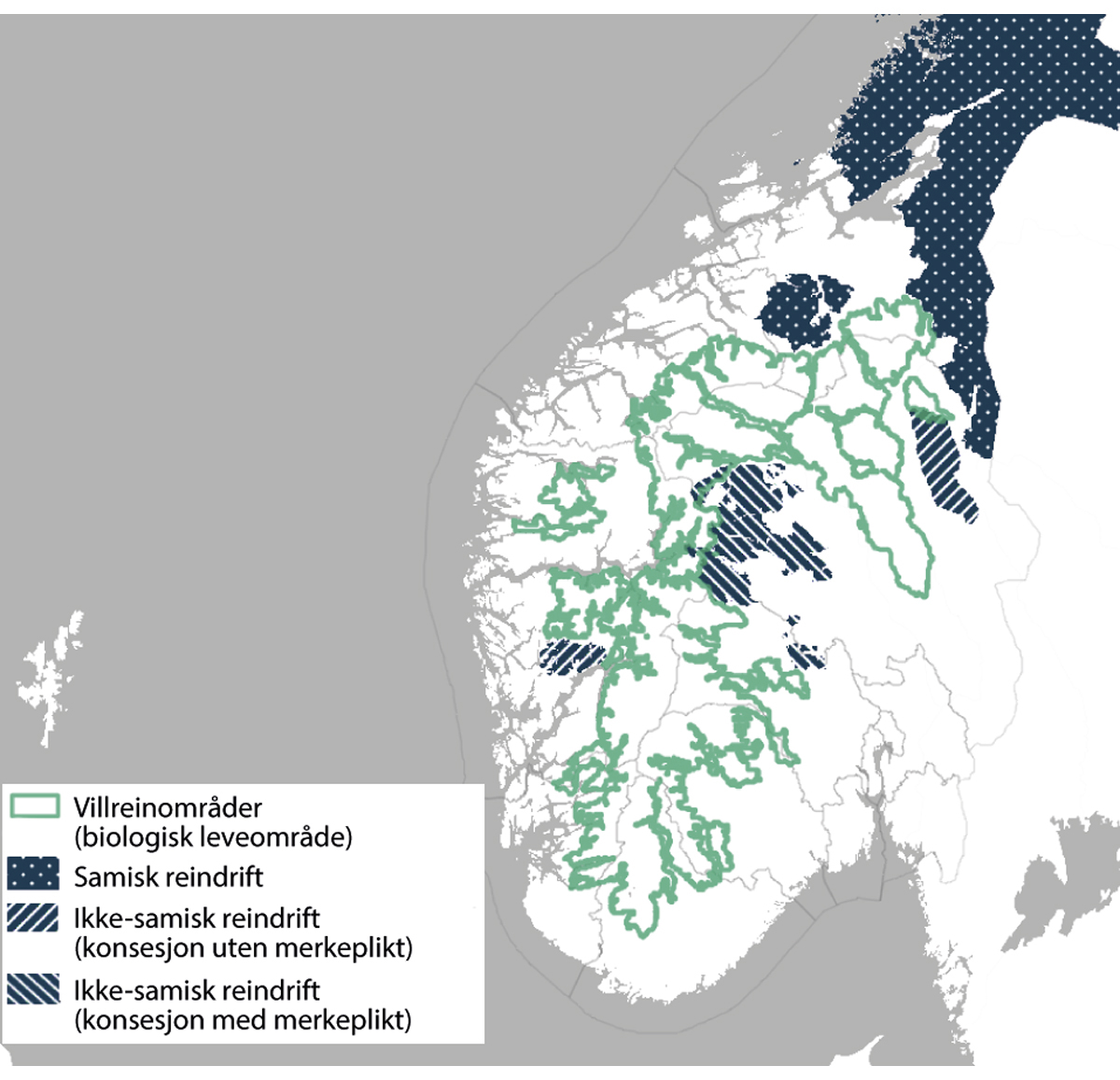 Figur 7.11 Område i Noreg med tamrein (blå) og villrein (grøn).