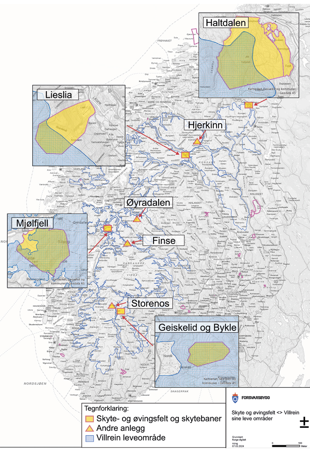 Figur 7.12 Forsvarets anlegg og villreinområde.