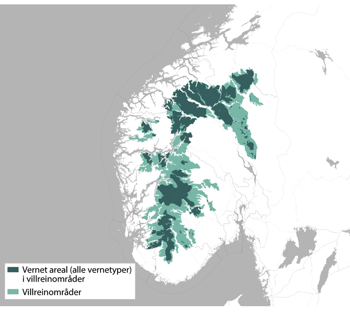 Figur 7.13 Kart som viser verneområde (mørkegrønt) innanfor villreinområda (lysegrønt).