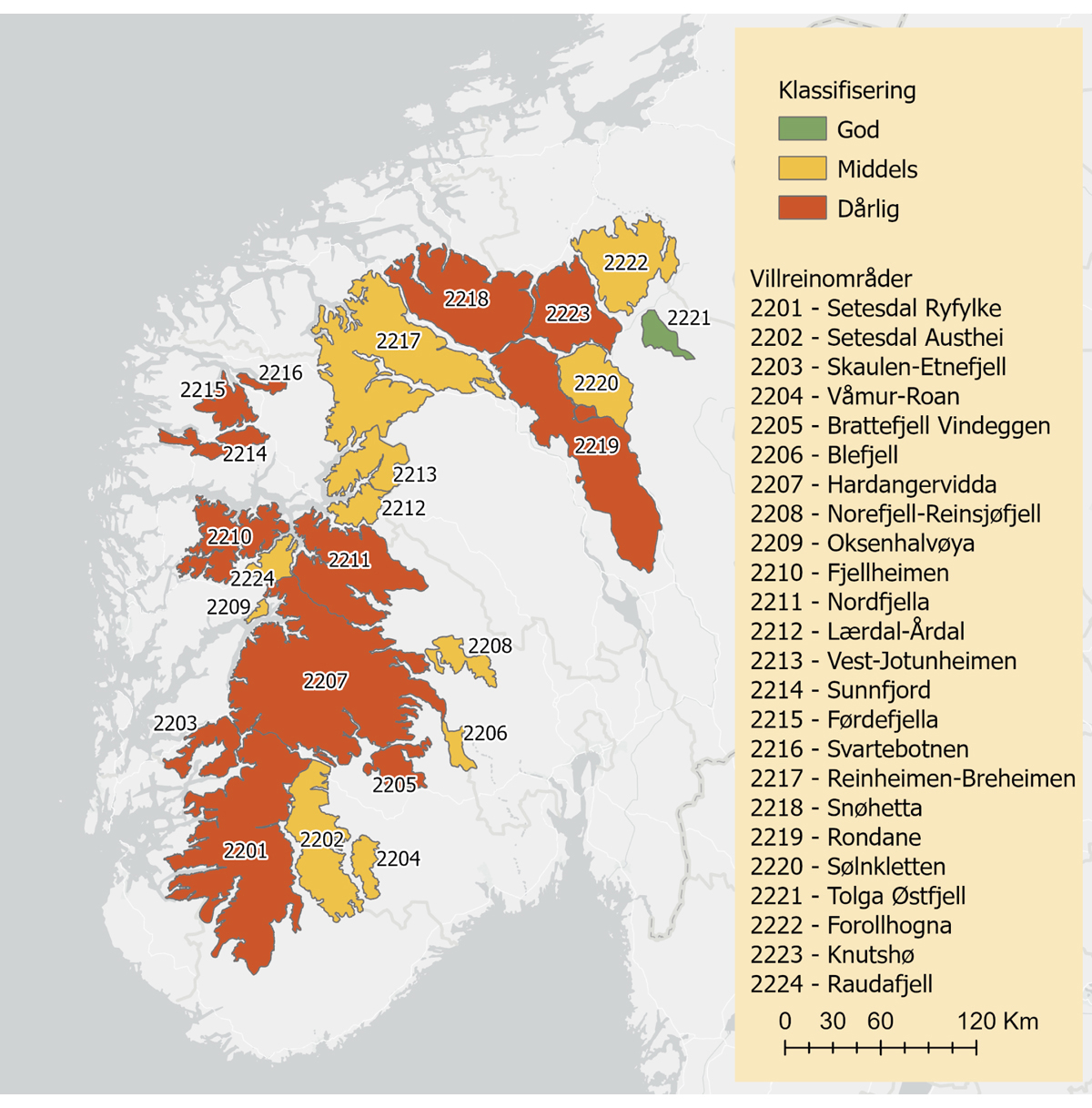 Figur 7.2 Heilskapsvurdering av alle dei 24 villreinområda klassifiserte i 2022 (nasjonale villreinområde) og 2023 (ikkje-nasjonale villreinområde). Fargekoden raud angir at villreinområdet har dårleg kvalitet. Fargekoden gul og fargekoden grøn angir at villre...