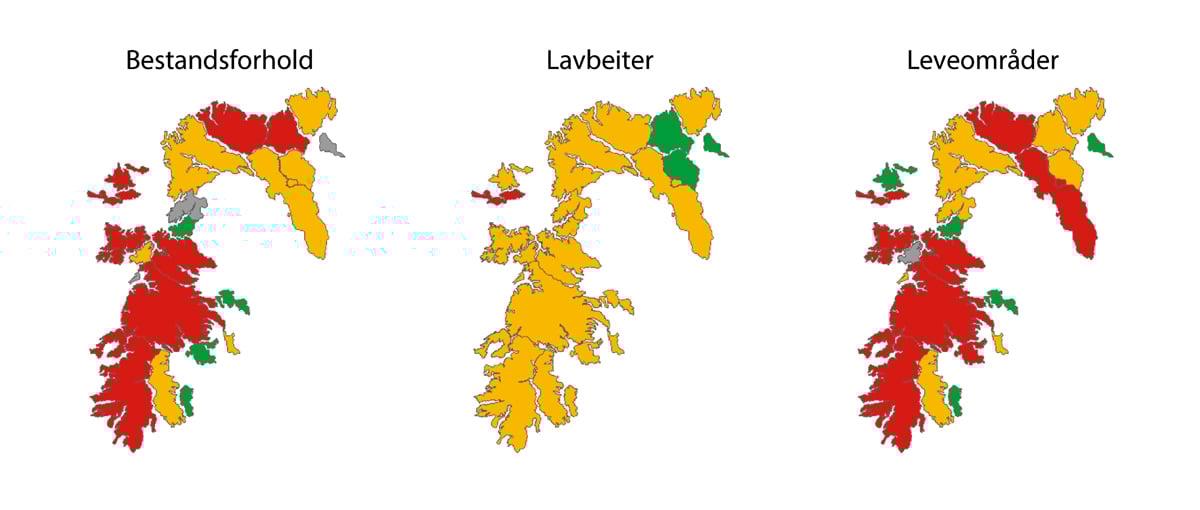 Figur 7.3 Klassifisering av alle dei 24 villreinområda etter delnorm 1 (bestandsforhold), delnorm 2 (lavbeite) og delnorm 3 (leveområde og menneskeleg påverknad) vist i kart. Fargekodane grøn, gul og raud angir høvesvis god, middels og dårleg tilstand/kvalitet...