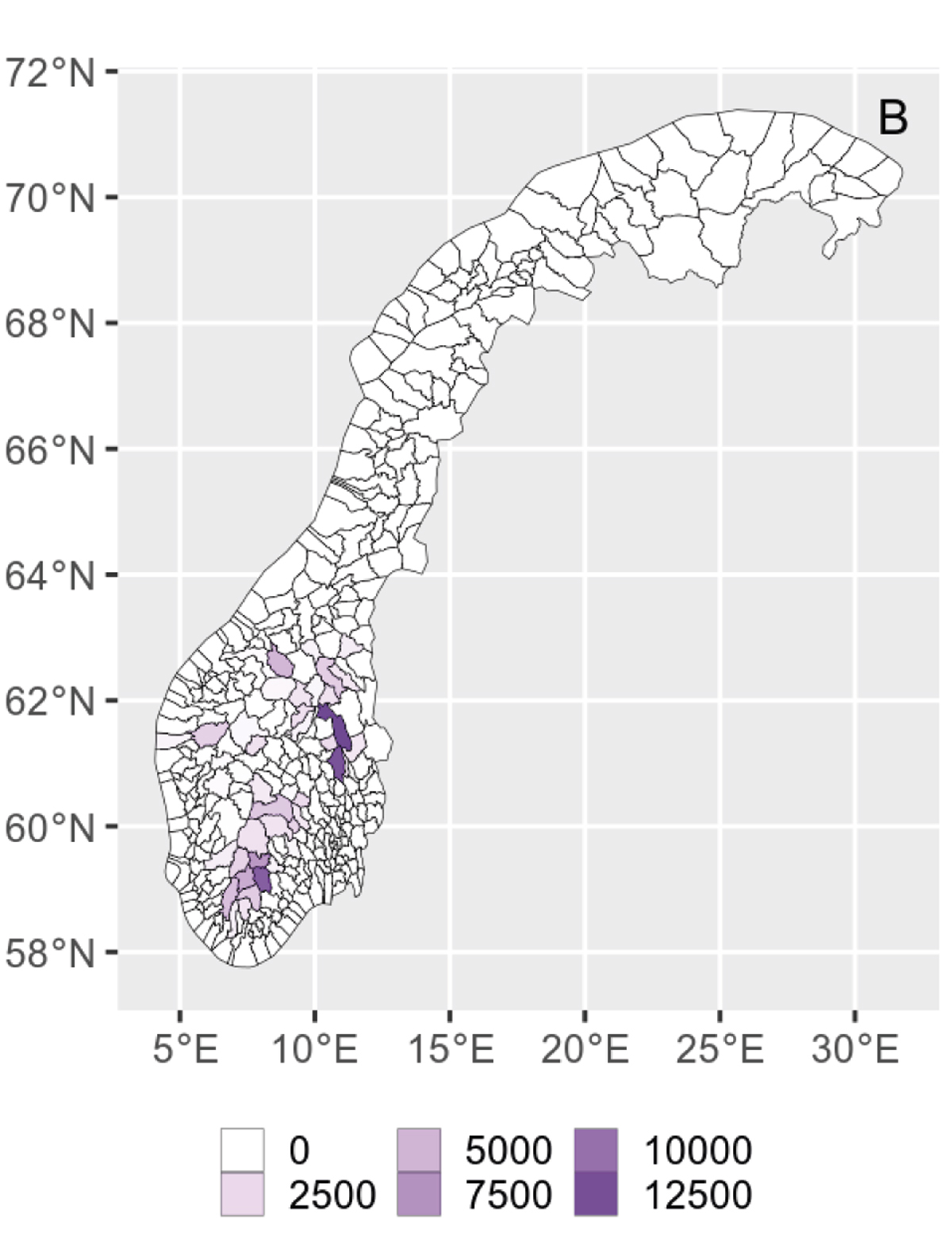 Figur 7.6 Kartet viser samla overlapp mellom tomtereserve for fritidsbustader og villreinområde i dekar, aggregert på kommunenivå.