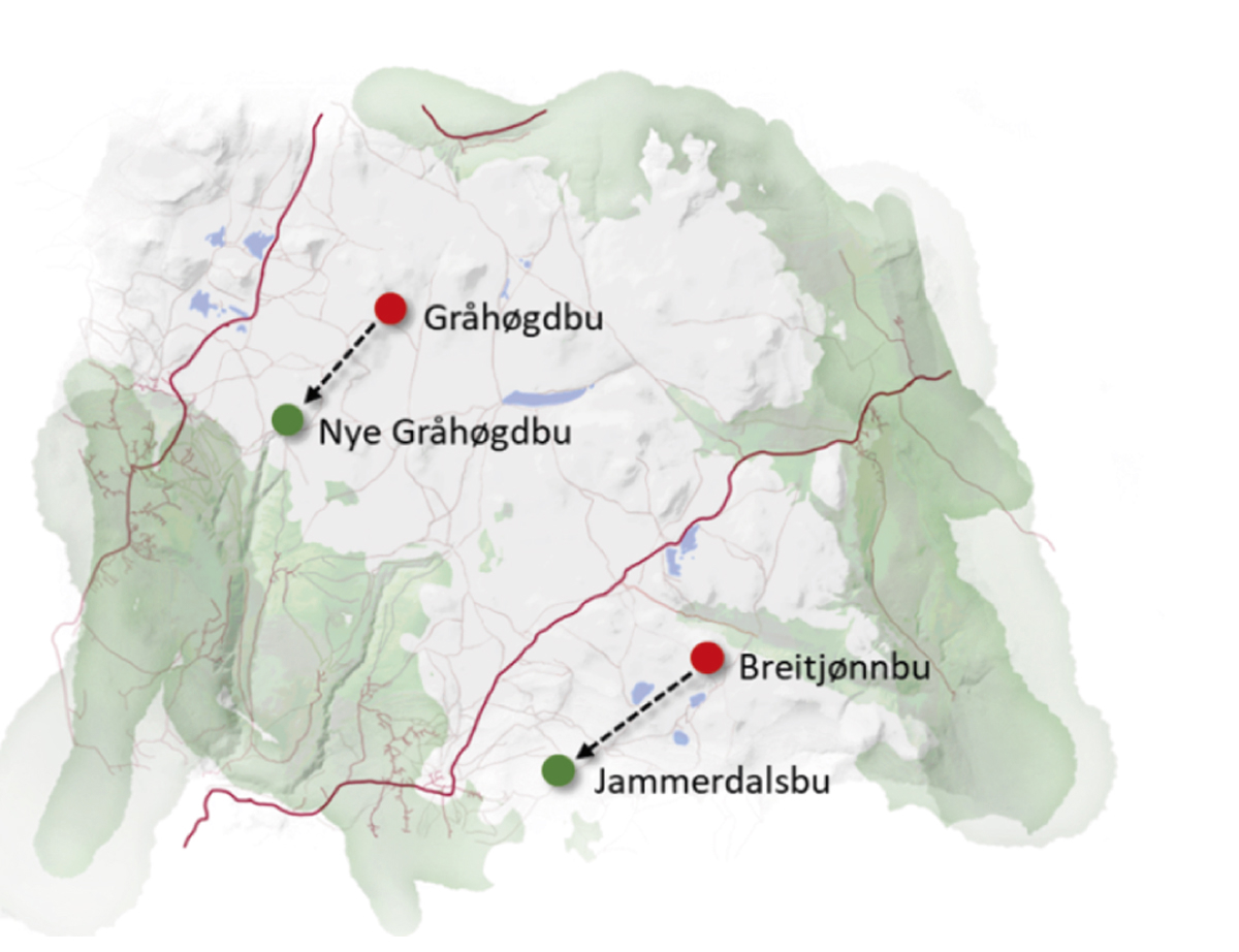 Figur 7.8 Kart som viser hyttane Breitjønnbu og Gråhøgdbu (raude prikkar) og to bygdenære erstatningshytter (grøne prikkar).
