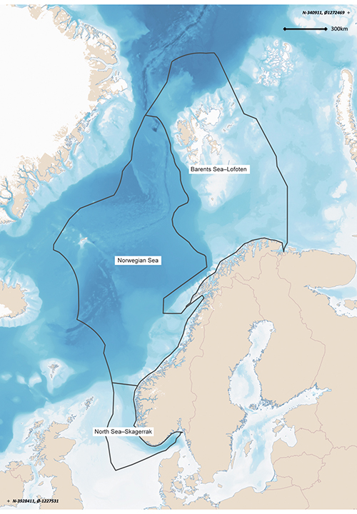 Figure 2.4 Map of the three management plan areas: the Barents Sea–Lofoten area, the Norwegian Sea and the North Sea and Skagerrak.
