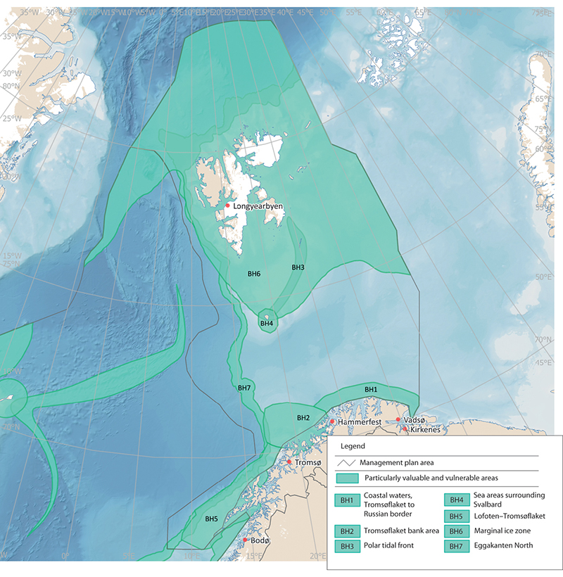 Figure 3.10 Particularly valuable and vulnerable areas in the Barents Sea-Lofoten management plan area.
