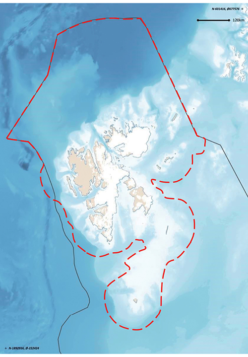 Figure 3.12 Preliminary demarcation of the particularly valuable and vulnerable area sea areas surrounding Svalbard, as proposed by the Forum for Integrated Ocean Management.
