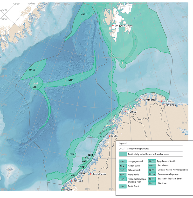 Figure 3.23 Particularly valuable and vulnerable areas in the Norwegian Sea management plan area.
