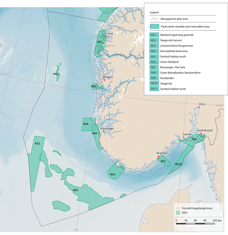 Figure 3.28 Particularly valuable and vulnerable areas in the North Sea–Skagerrak management plan area.
