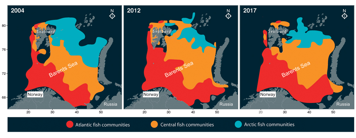 Figure 3.4 Changes in the distribution of Atlantic, central and Arctic fish communities in the Barents Sea from 2004 to 2017. The axes show longitude and latitude.
