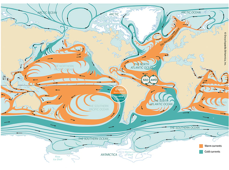 Figure 4.1 Global ocean currents. Norwegian waters form part of a continuous ocean and circulatory system.
