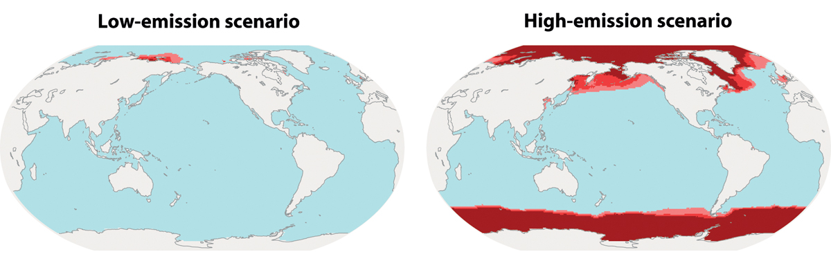 Figure 4.6 Projected distribution of aragonite undersaturation caused by ocean acidification towards the end of this century. Red shading indicates the areas where greatest acidification is expected. The two maps show a low-emission scenario (left, RCP2.6) and ...