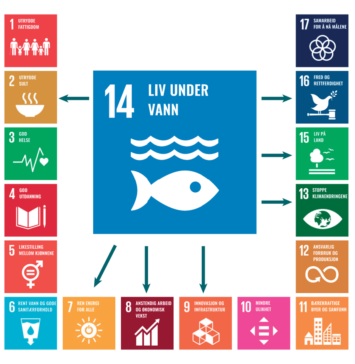 Figur 2.1 Gjennomføring av FNs bærekraftsmål 14 bidar til gjennomføring av andre bærekraftsmål.
