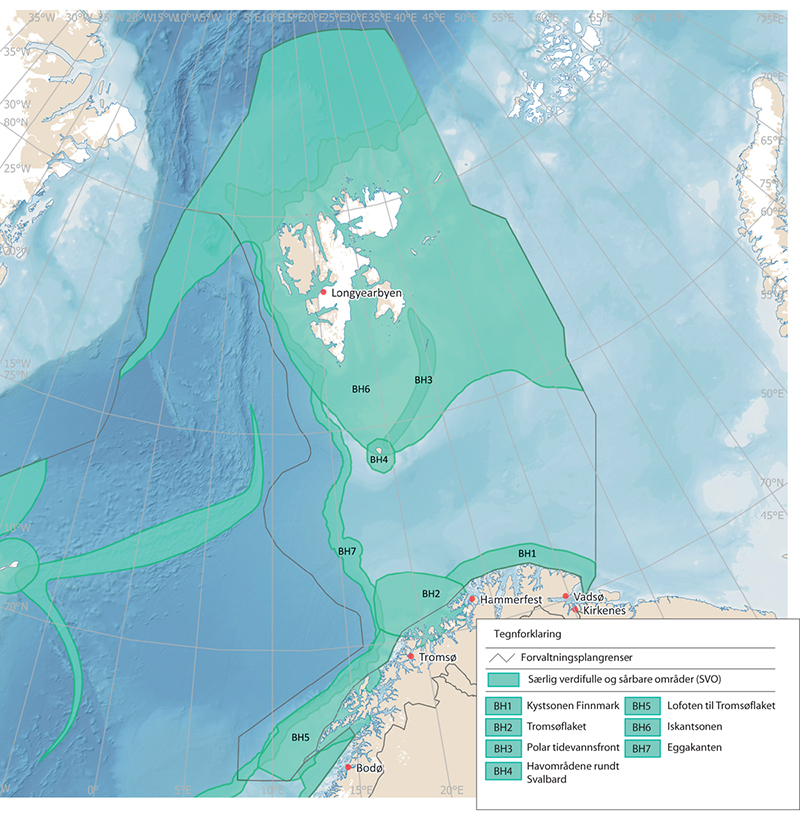 Figur 3.10 Særlig verdifulle og sårbare områder i Barentshavet–Lofoten.
