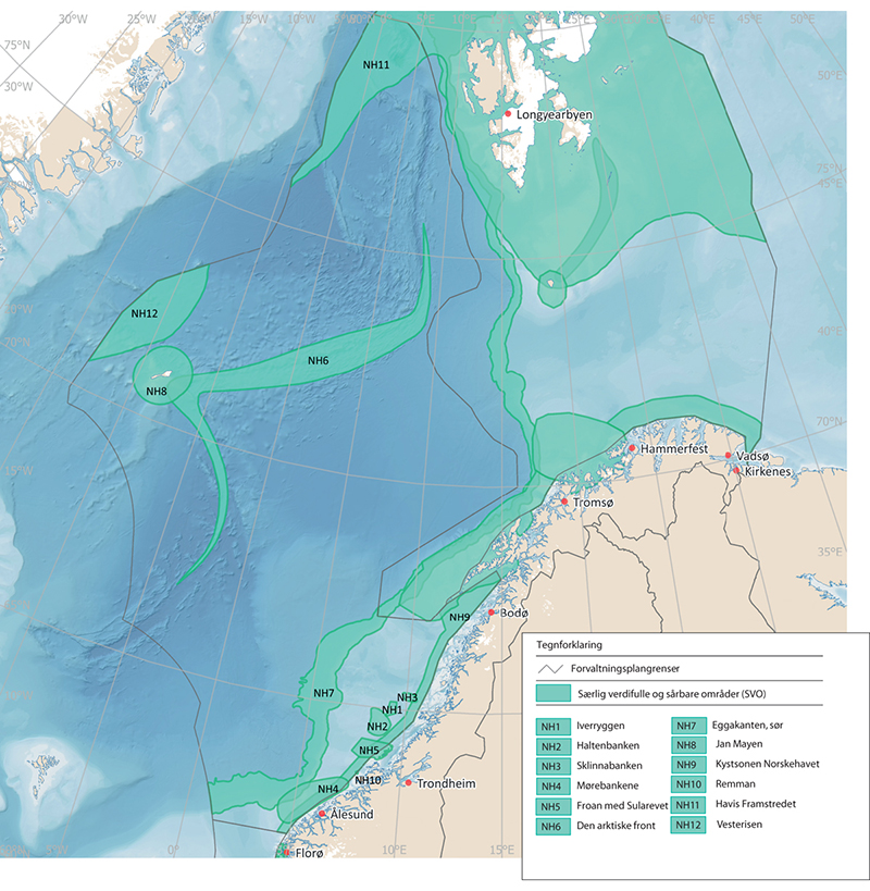 Figur 3.23 Særlig verdifulle og sårbare områder i Norskehavet.
