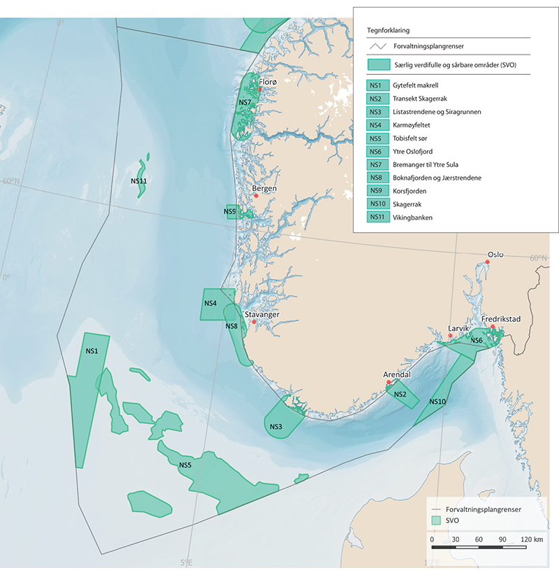 Figur 3.28 Særlig verdifulle og sårbare områder i Nordsjøen og Skagerrak.
