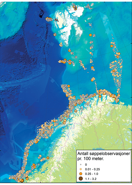 Figur 3.30 Observasjoner av avfall på havbunnen i Barentshavet og Norskehavet.