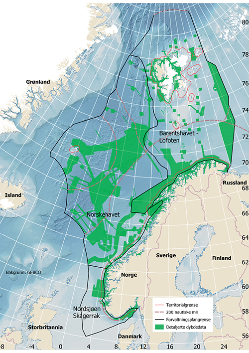 Figur 3.32 Områder hvor dybde og havbunnsterreng er kartlagt eller innhentet fra andre kilder av MAREANO-programmet.