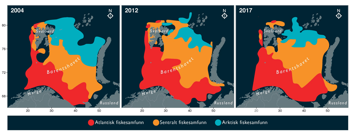 Figur 3.4 Endring i utbredelse av atlantiske, sentrale og arktiske fiskesamfunn i Barentshavet fra 2004 til 2017. Aksene i figuren angir lengde- og breddegrad.
