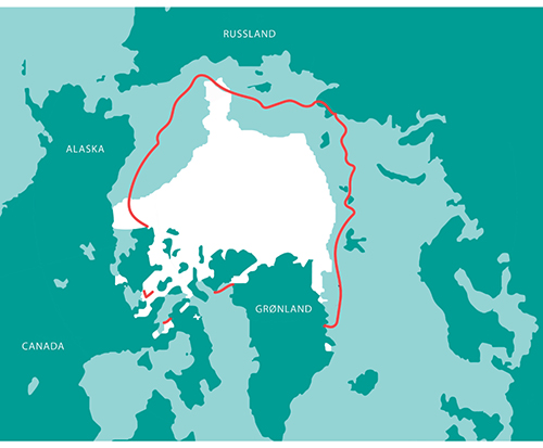 Figur 4.5 Kartet viser isutbredelse i Arktis (hvitt område) september 2018. Den røde linjen viser gjennomsnittet for isutbredelsen for september fra 1981 til 2010. Basert på satellittbilder og havisindeksen til amerikanske National Snow & Ice Data Center.
