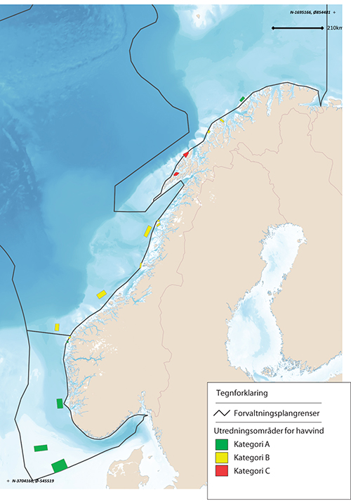 Figur 7.3 Kart over utredningsområder for havvind.
