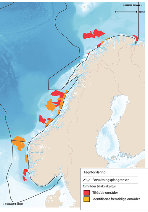Figur 7.4 Kart over arealer aktuelle for konsekvensutredning av havbruk til havs.
