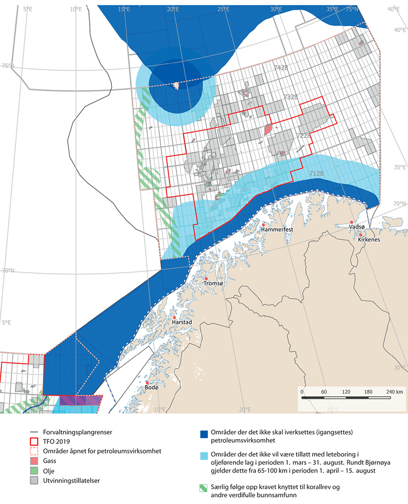 Figur 9.1 Områdespesifikke rammer for petroleumsvirksomhet i Barentshavet–Lofoten.
