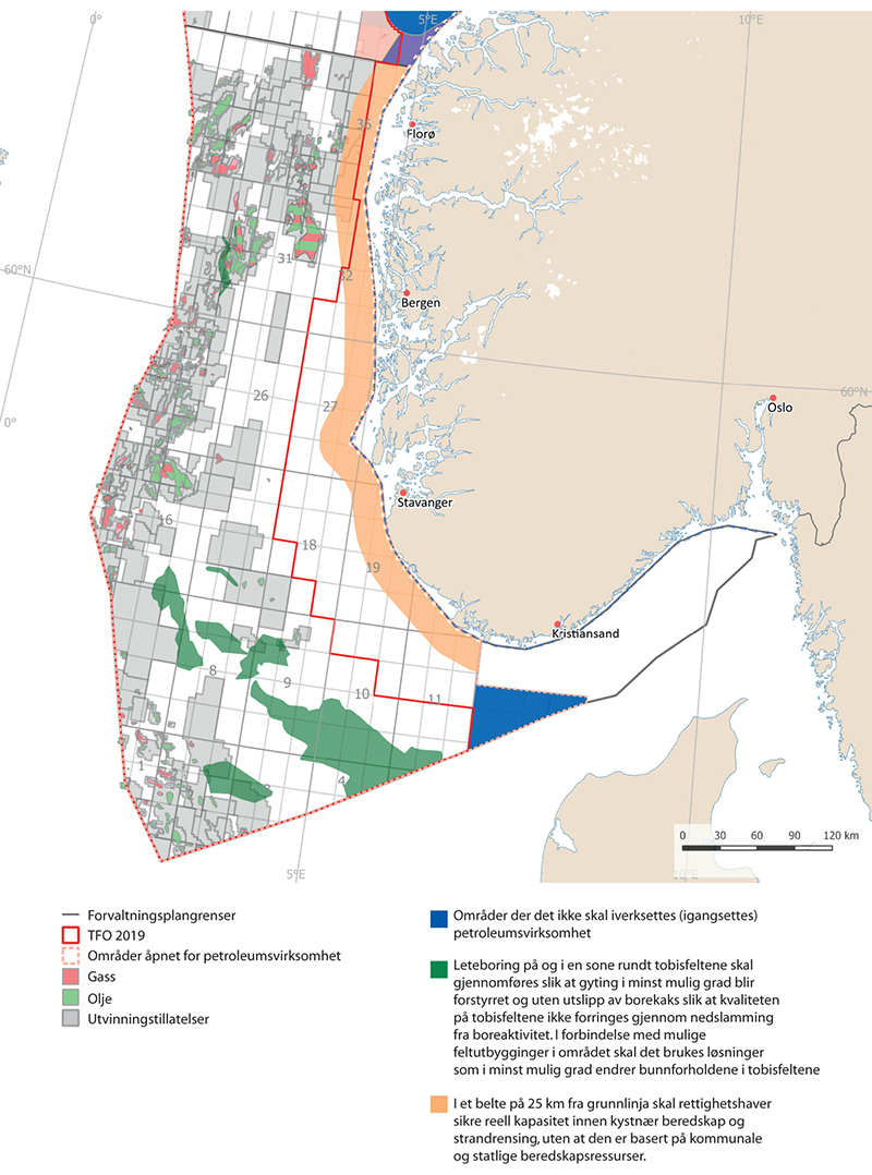 Figur 9.3 Områdespesifikke rammer for petroleumsvirksomhet i Nordsjøen–Skagerrak.
