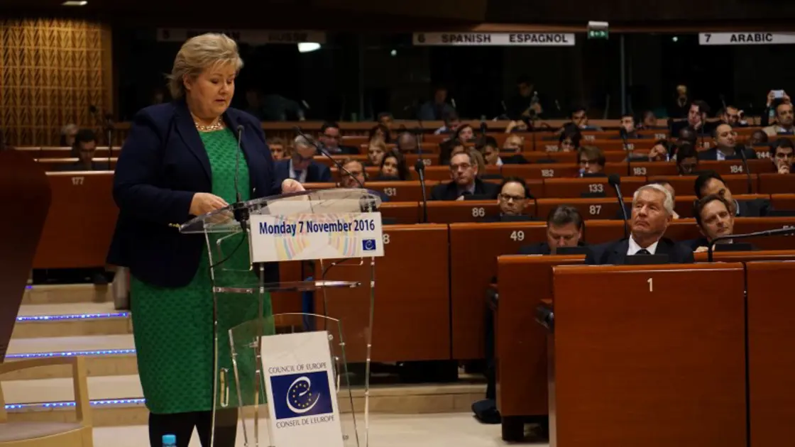 Statsminister Erna Solberg taler på World Forum for Democracy i Strasbourg