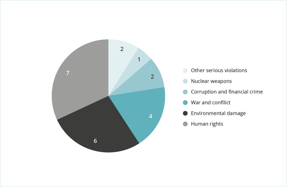 The criterion-wise distribution of the company meetings in 2024 shows that the council met the most companies that were investigated under the human rights and the environment criteria.