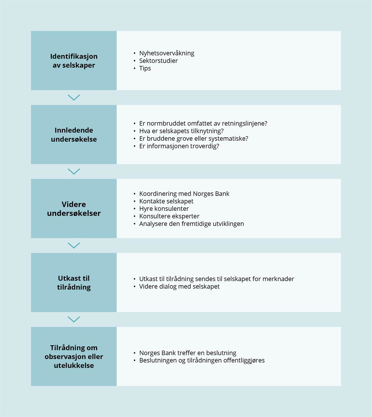 En typisk evalueringsprosess for atferdssakene. Steg 1: Identifikasjon av selskaper. Steg 2: Innledende ­undersøkelse. Steg 3: Videre undersøkelser. Steg 4: Utkast til ­tilrådning. Steg 5: Tilrådning om observasjon eller utelukkelse.