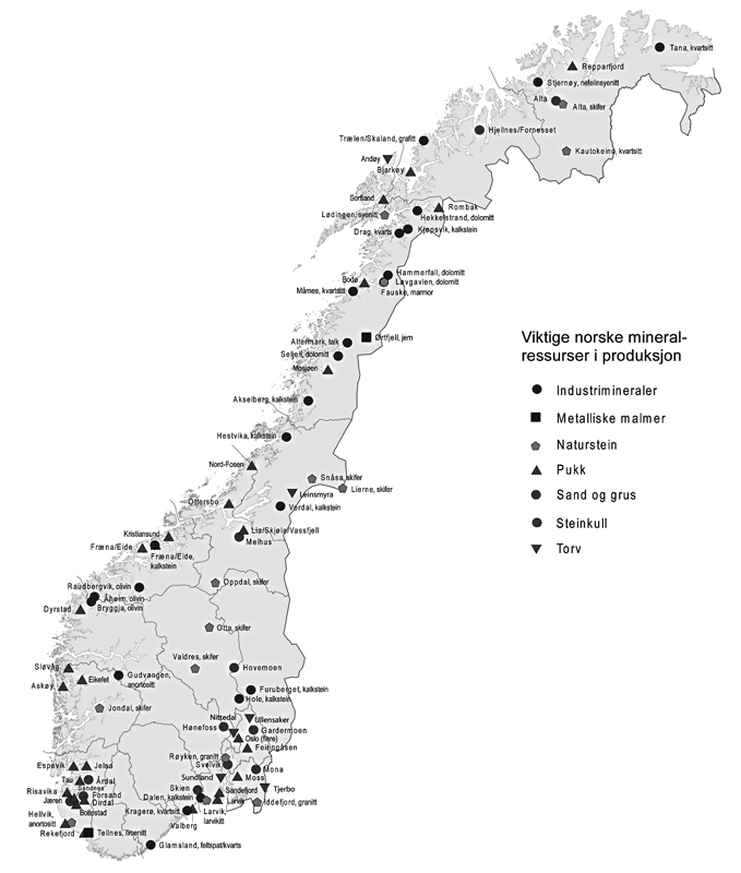 Figur 3.2 Viktige norske mineralressurser i produksjon.