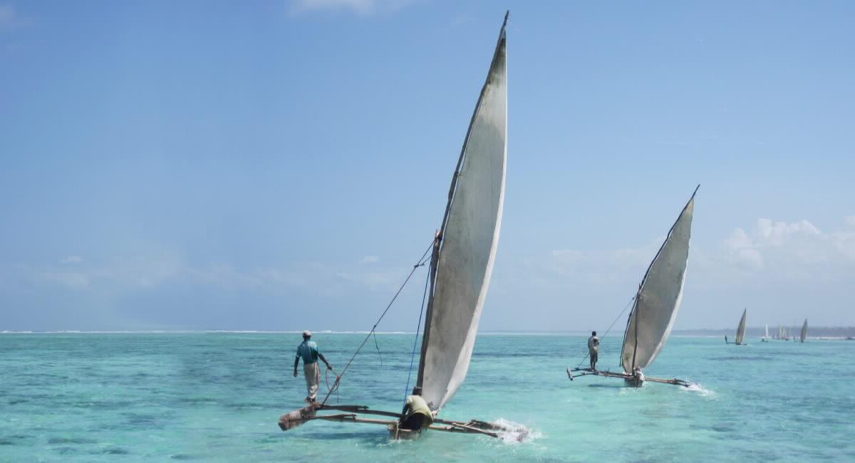 Traditional fishing boats sailing off the coast of Tanzania.