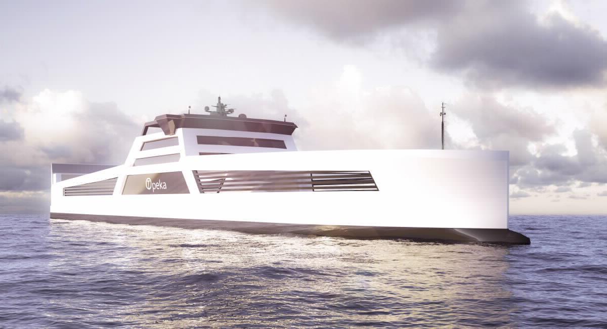 Modern, hydrogen-powered zero-emission cargo ship at sea.