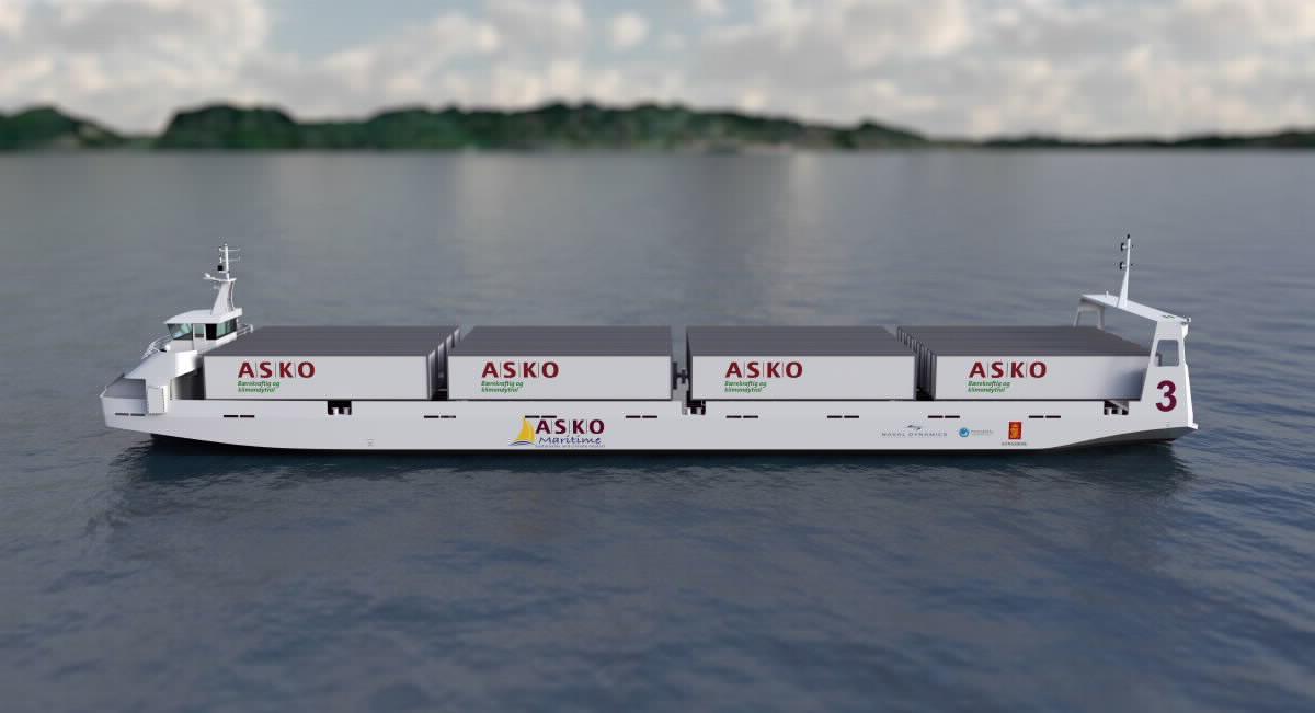 Stort elektrisk og autonomt containerskip/fraktskip på sjøen.